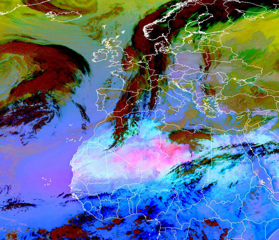 MSG SEVIRI Dust RGB -- 22 February 2025, 12:45 UTC