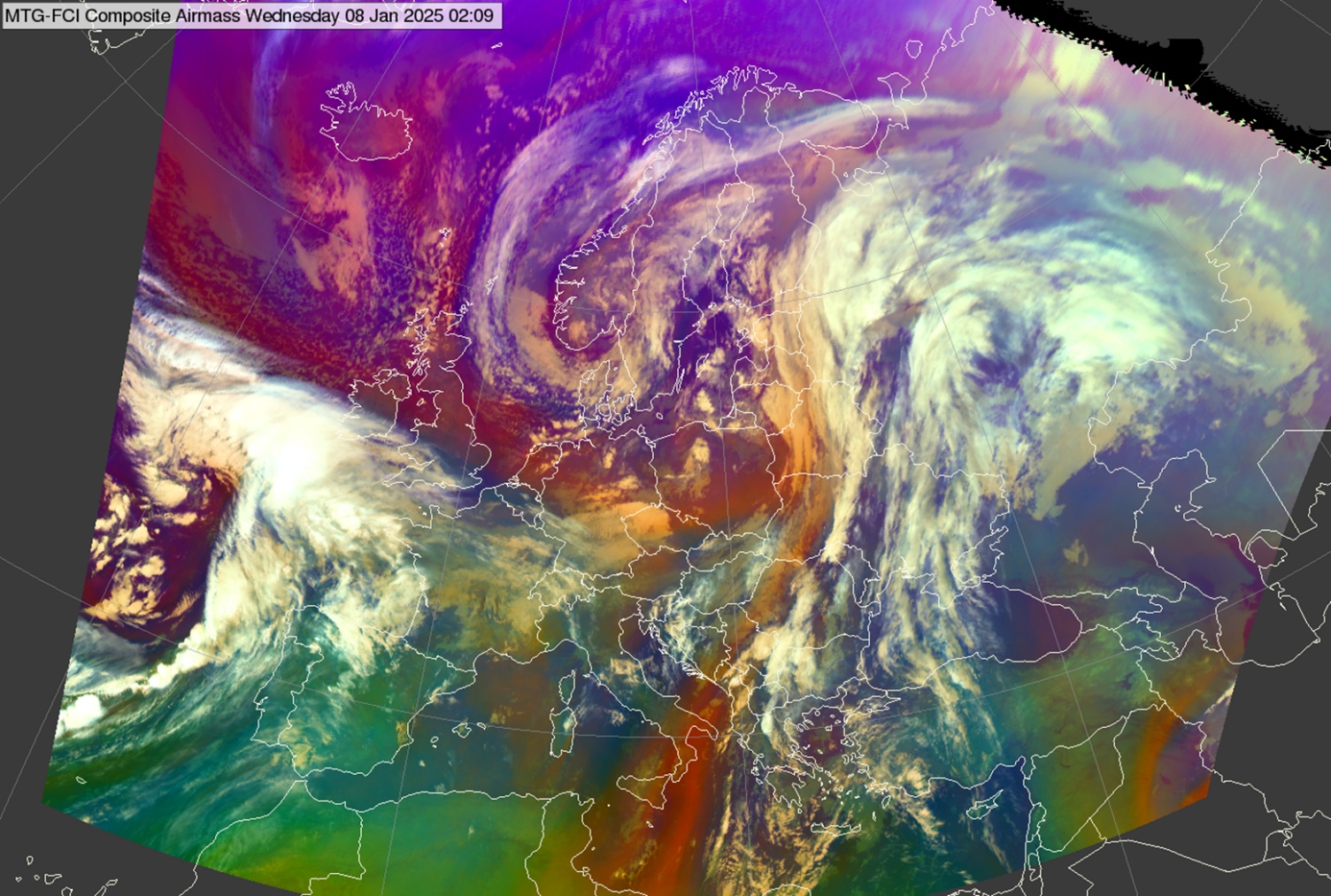 MTG FCI Airmass RGB -- 8 January 2025, 02:00 UTC