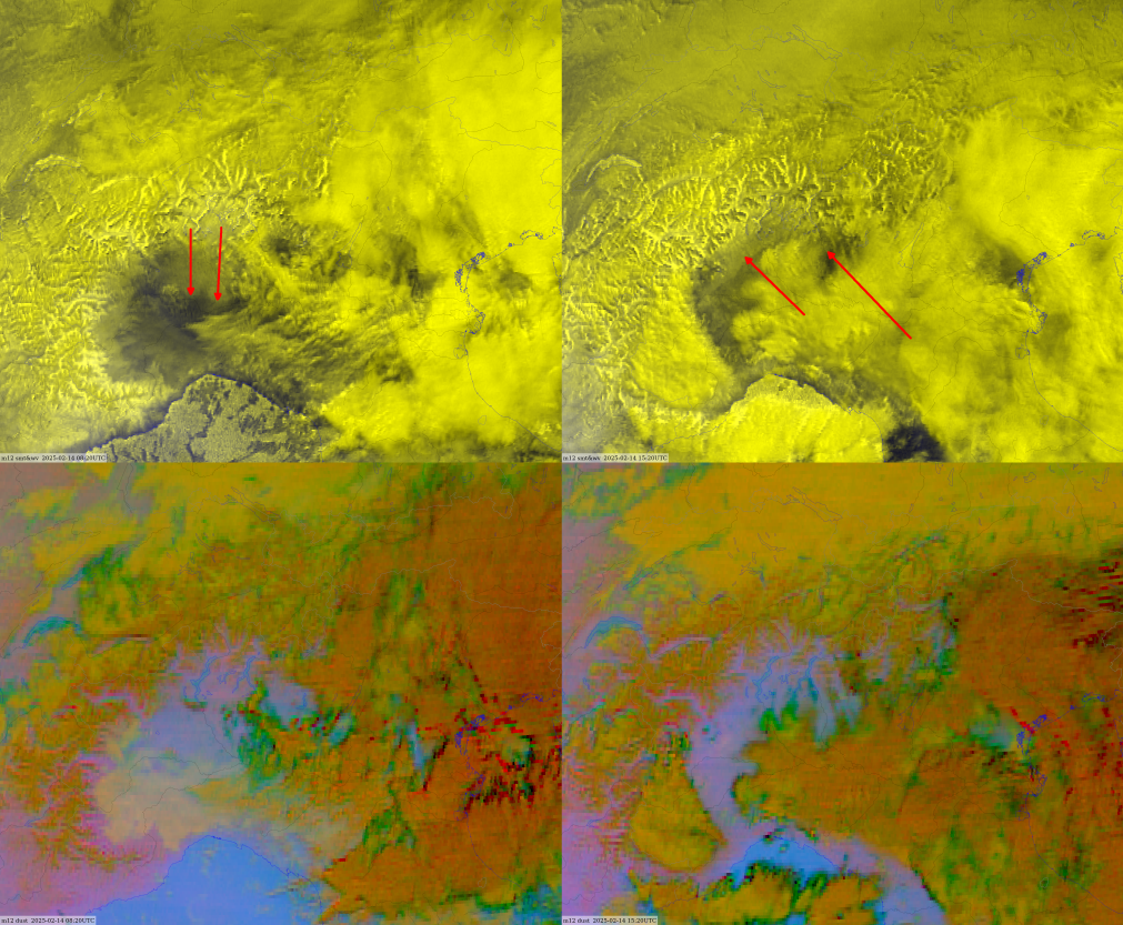 Comparison of Day Moisture RGB (top) and the Dust RGB (bottom)