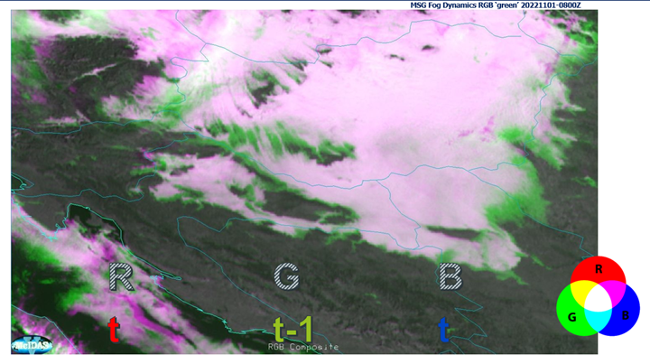 MSG SEVIRI Fog Dynamics RGB -- 1 November 2022, 08:00 UTC