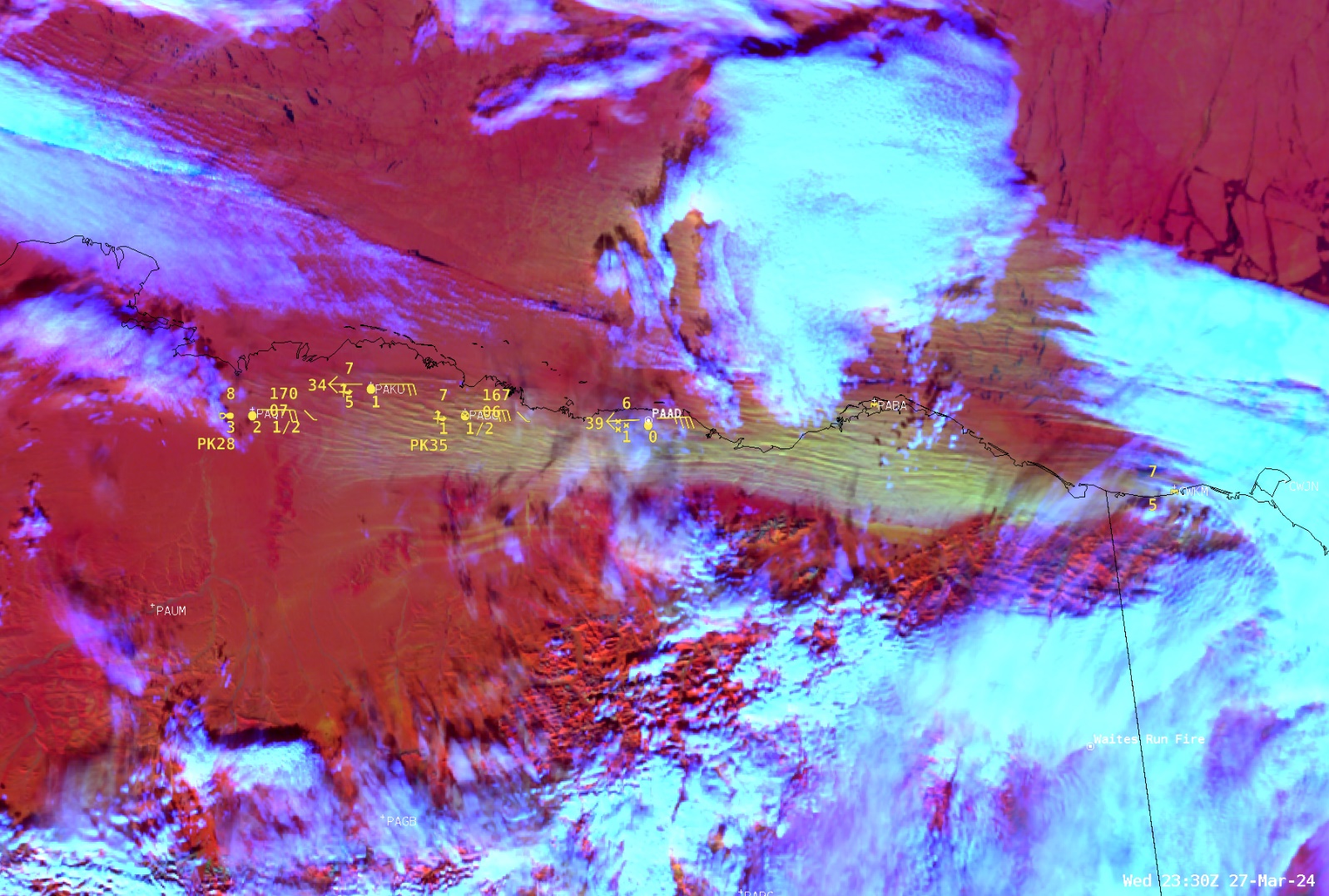 MSG SEVIRI Day Blowing Snow RGB -- 27 March 2024, 23:30 UTC