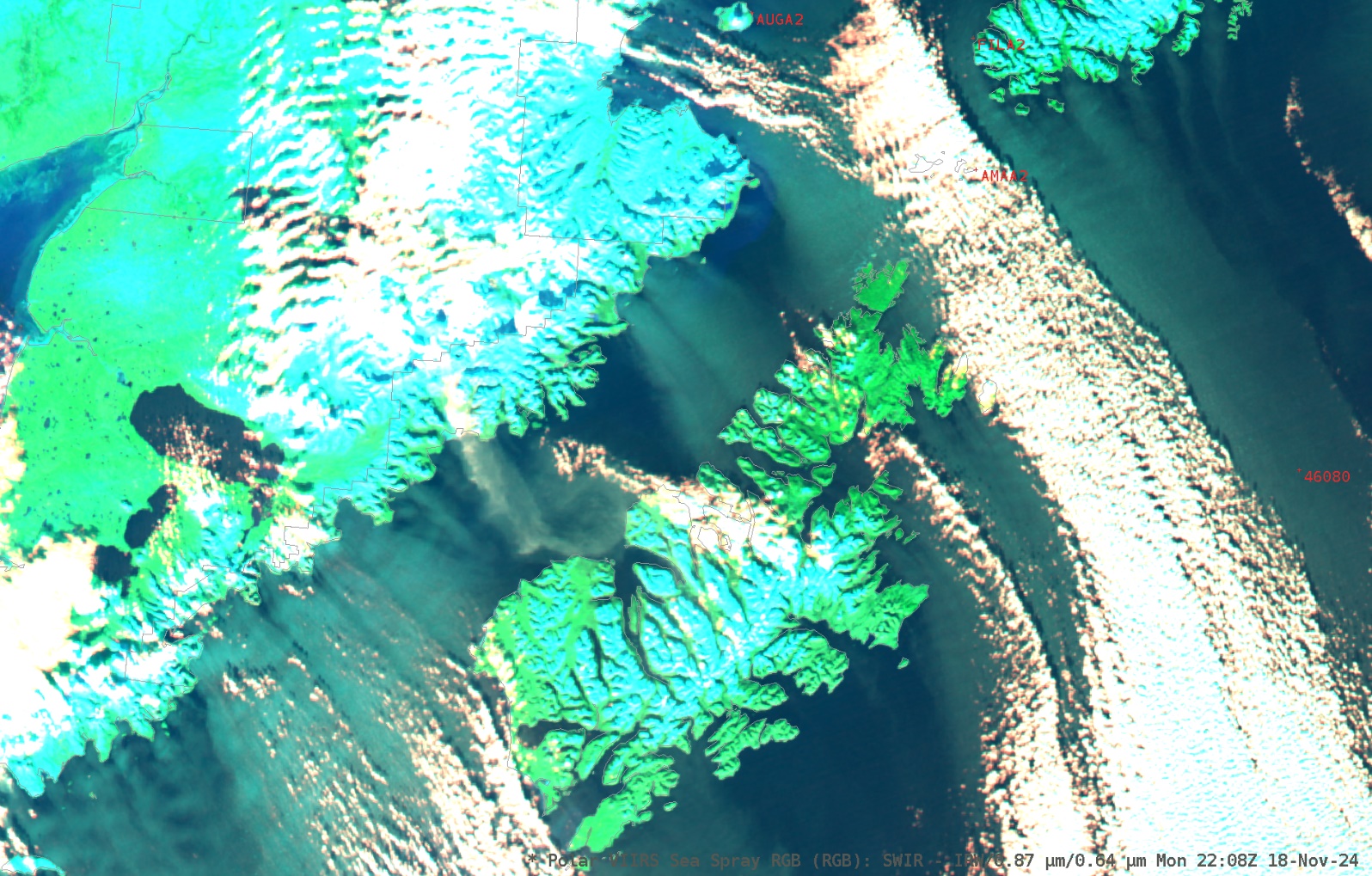 VIIRS Day Sea Spray RGB -- 18 November 2024, 22:08 UTC