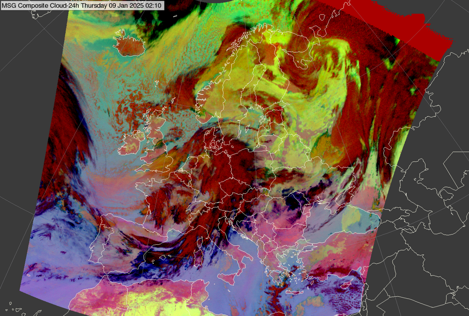 MSG SEVIRI 24h Microphysics Cloud RGB -- 8 January 2025, 02:00 UTC