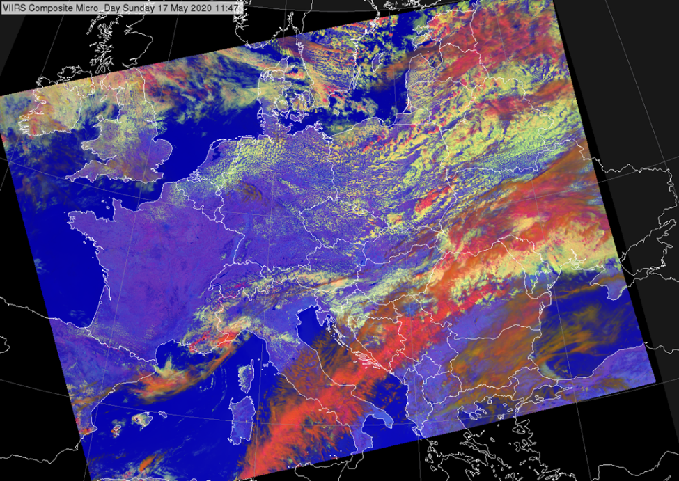 VIIRS Day Microphysics RGB (with NIR1.6) -- 17 May 2020 11:47 UTC