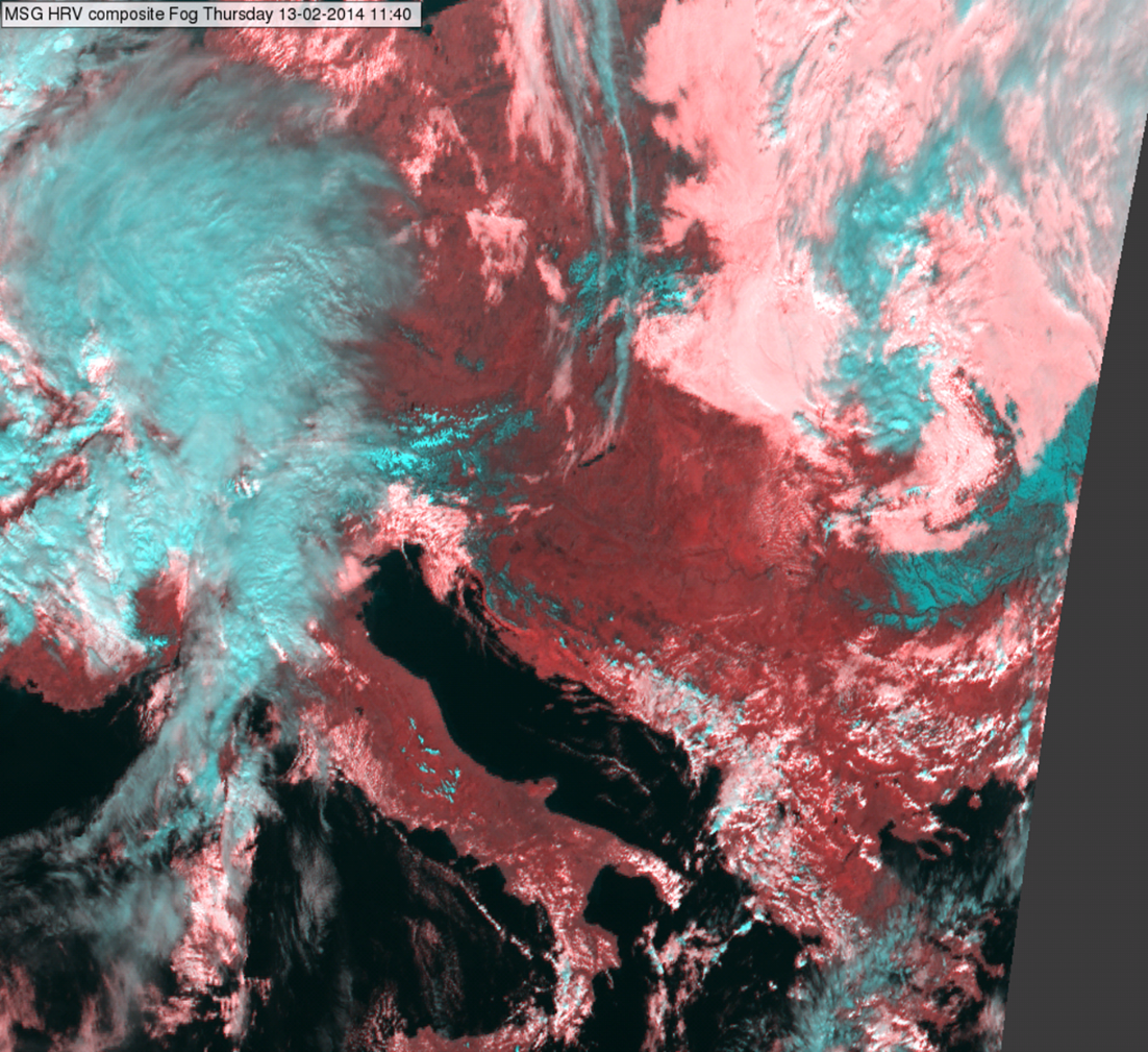 MSG SEVIRI HRV Fog RGB -- 13 February 2014, 11:40 UTC