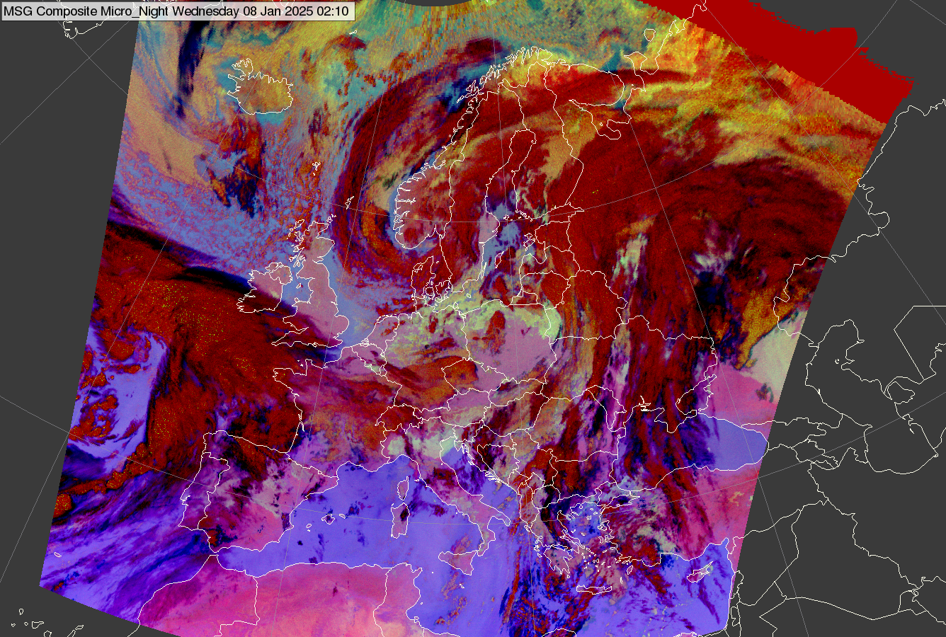 MSG SEVIRI Night Microphysics RGB -- 8 January 2025, 02:00 UTC