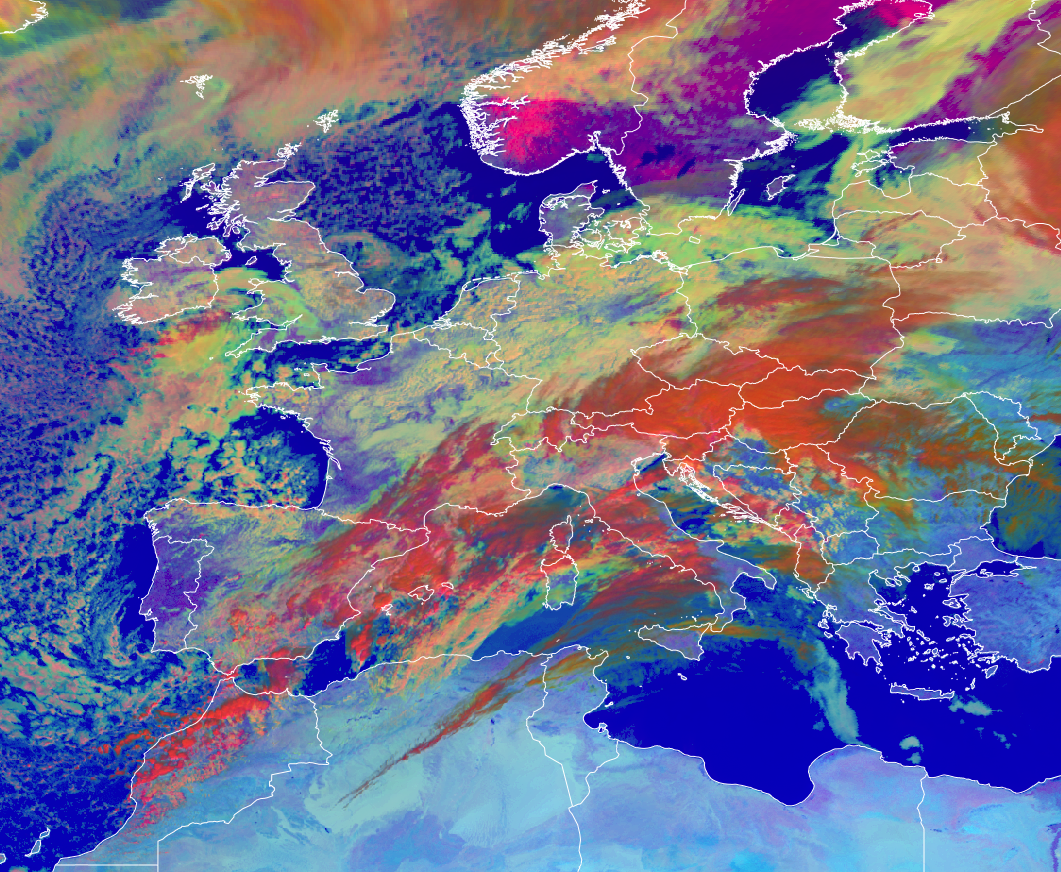 MSG SEVIRI Day Microphysics RGB -- 14 March 2025, 10:45 UTC